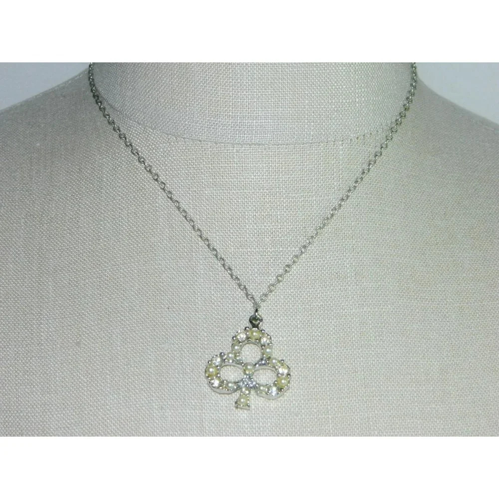 VTG Silver Tone Clear Rhinestone Faux Pearl Irish Clover Pendant Necklace - Picture 2 of 5